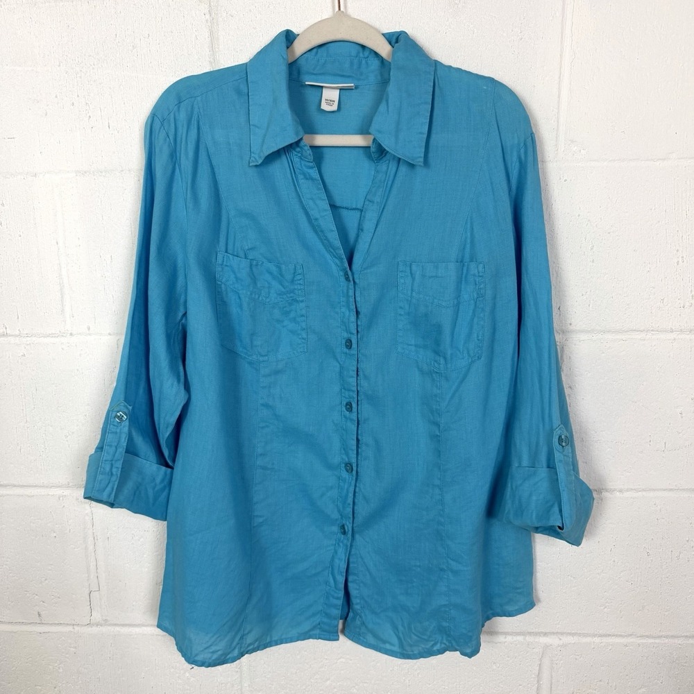 Dress Barn Button‎ Up Top 100% Linen Blue Roll Tab Sleeves Office Minimal 14/16W